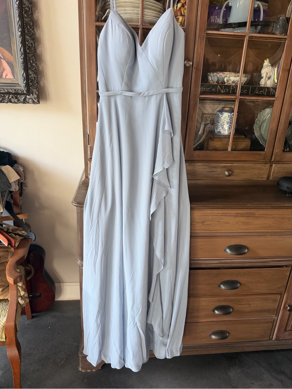 Azazie Powder Blue V-Neck Spaghetti-Strap Maxi Dress